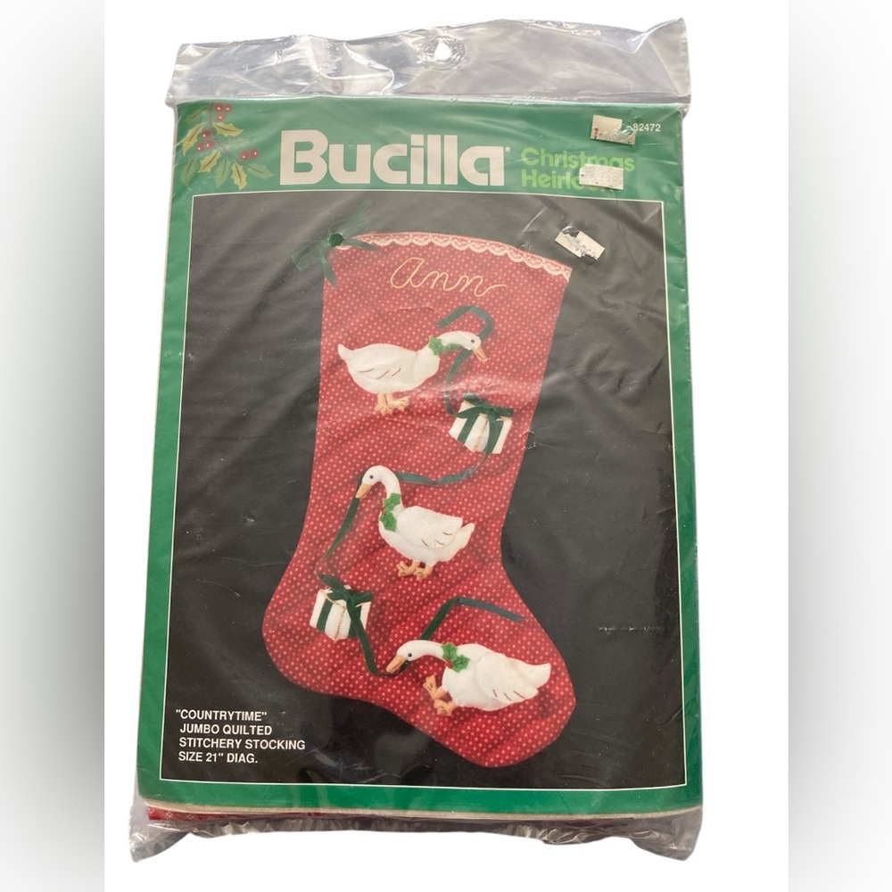 Vintage Bucilla ‘Countrytime’ Red Christmas Stocking Kit with White Geese